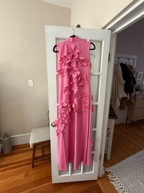 Sleeveless Pink Maxi Dress with 3D Floral Appliqués—XL